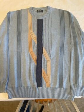 Point Italian Light Blue Crewneck Sweater with Beige & Navy Cable Accents